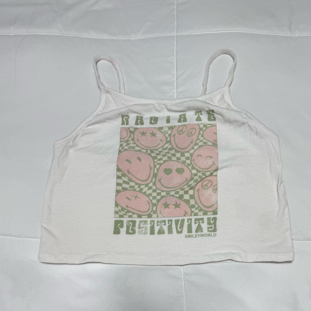 White Smiley Graphic Cropped Tank Top - Pink & Olive